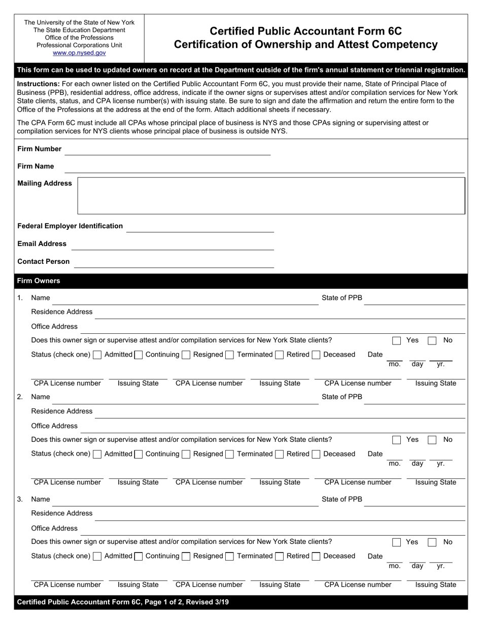 Certified Public Accountant Form 6C Certification of Ownership and Attest Competency - New York, Page 1