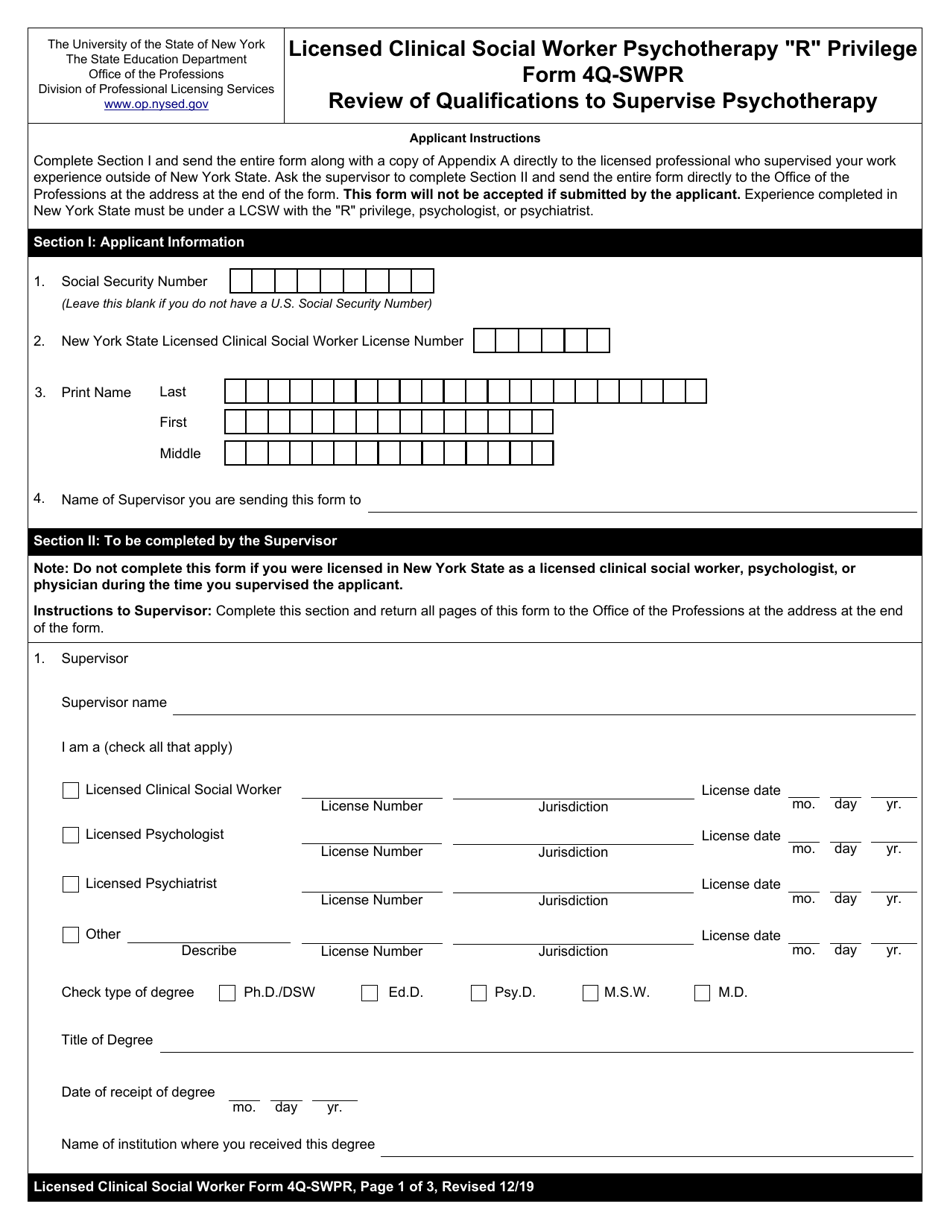 Licensed Clinical Social Worker Psychotherapy R Privilege Form 4Q-SWPR Review of Qualifications to Supervise Psychotherapy - New York, Page 1