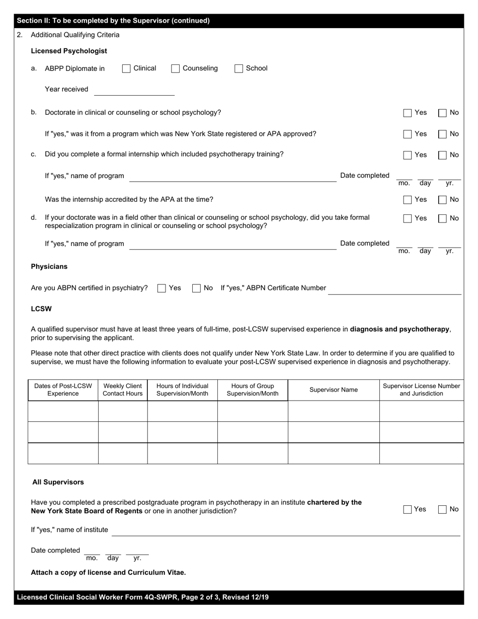 Licensed Clinical Social Worker Psychotherapy R Privilege Form 4Q-SWPR Review of Qualifications to Supervise Psychotherapy - New York, Page 2