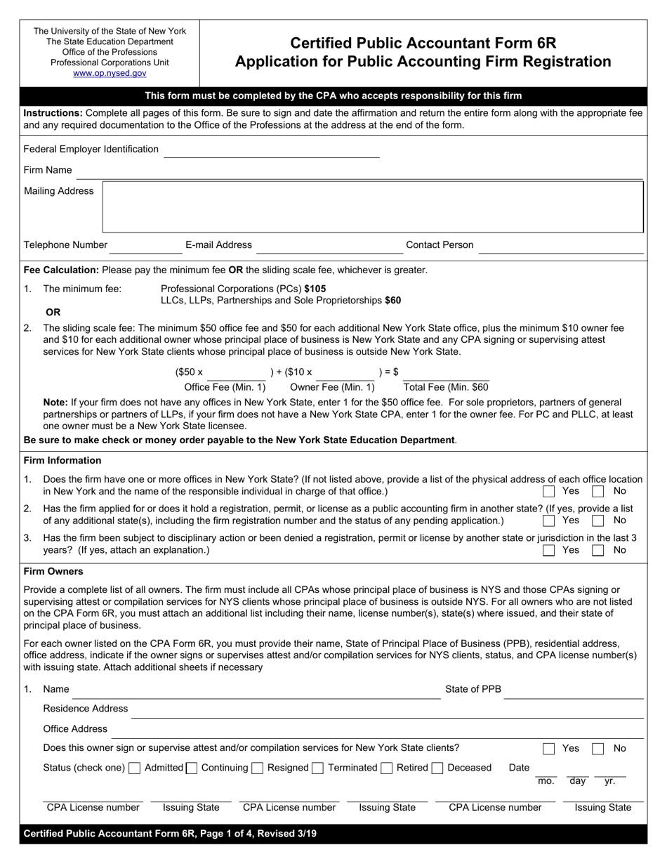 Certified Public Accountant Form 6R Application for Public Accounting Firm Registration - New York, Page 1