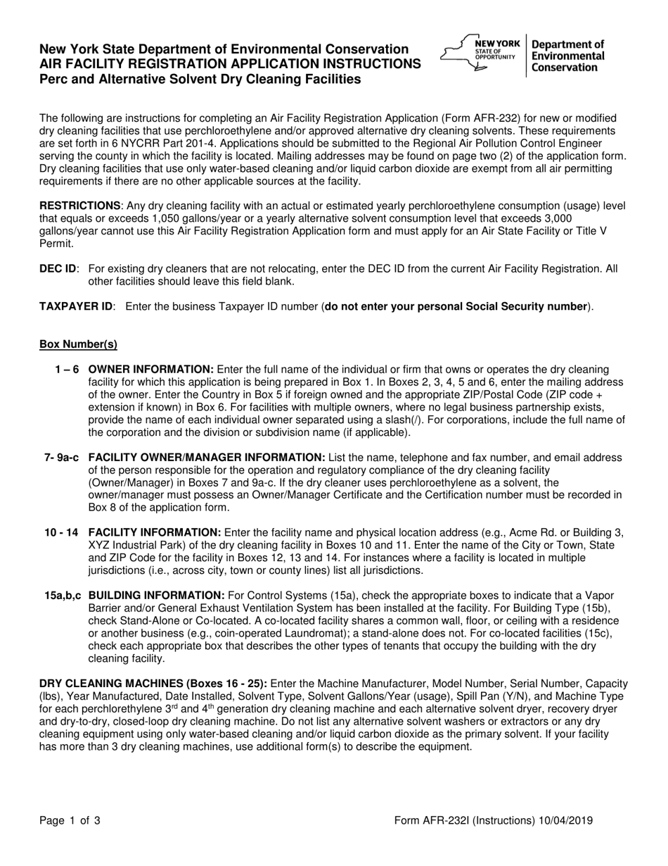 Instructions for Form AFR-232 Nysdec Air Facility Registration Application for Dry Cleaners Using Perchloroethylene and / or Approved Alternative Solvents - New York, Page 1
