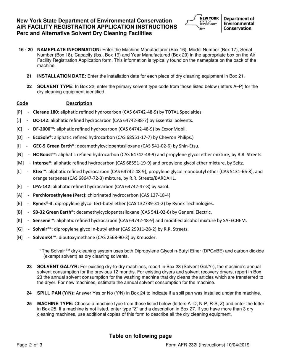 Instructions for Form AFR-232 Nysdec Air Facility Registration Application for Dry Cleaners Using Perchloroethylene and / or Approved Alternative Solvents - New York, Page 2