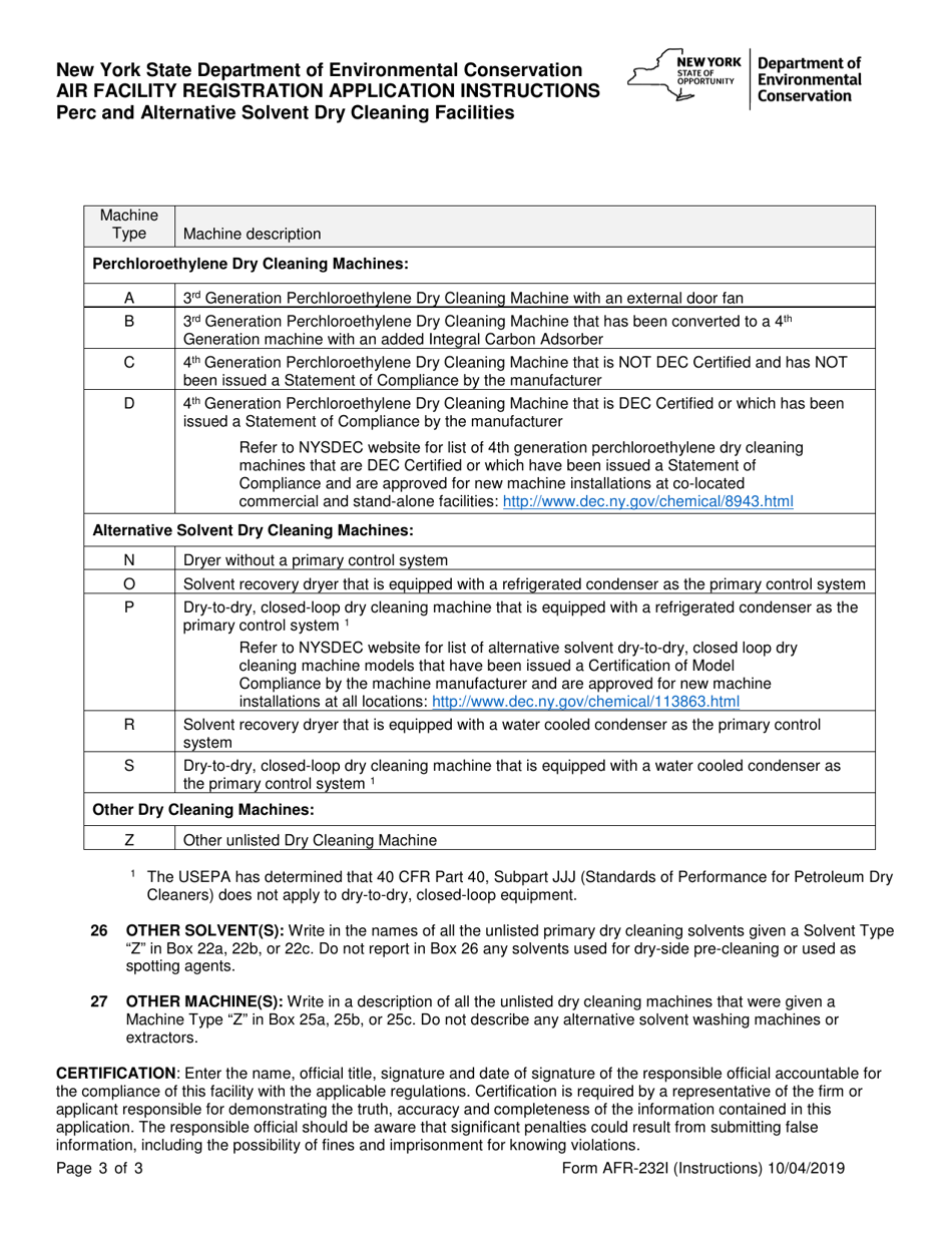 Instructions for Form AFR-232 Nysdec Air Facility Registration Application for Dry Cleaners Using Perchloroethylene and / or Approved Alternative Solvents - New York, Page 3