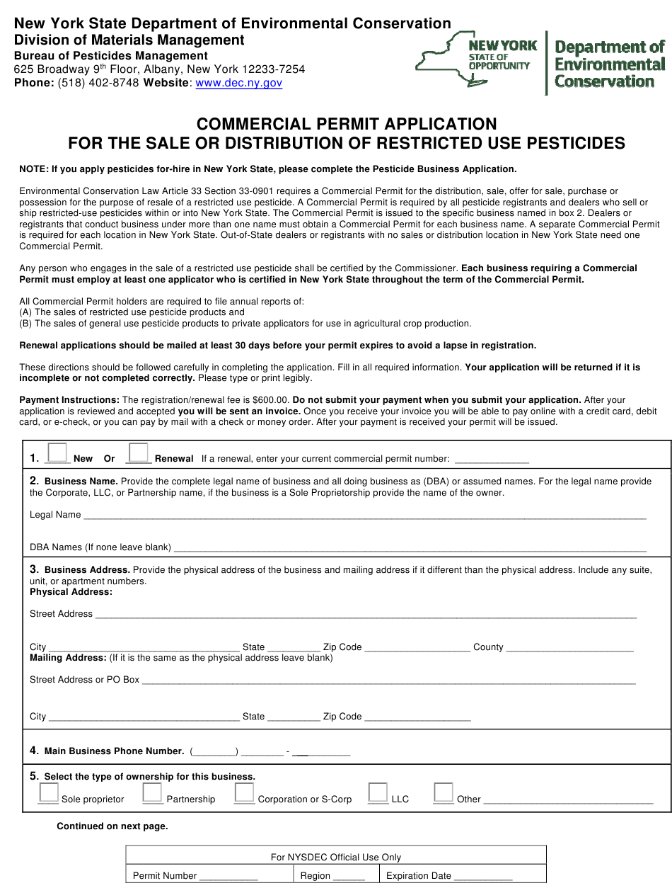 New York Commercial Permit Application for the Sale or Distribution of