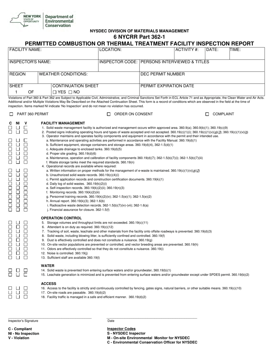 Permitted Combustion or Thermal Treatment Facility Inspection Report - New York, Page 1