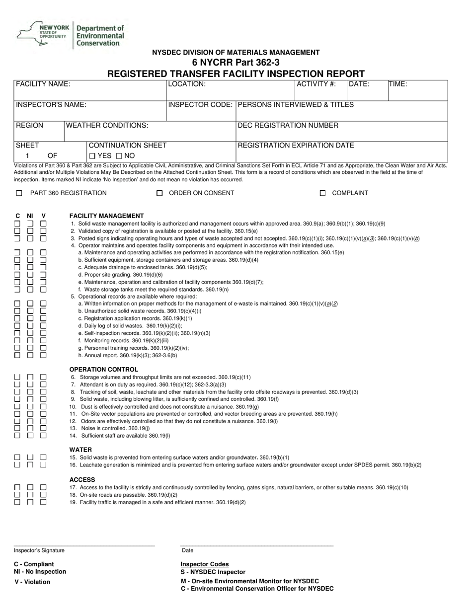 Registered Transfer Facility Inspection Report - New York, Page 1