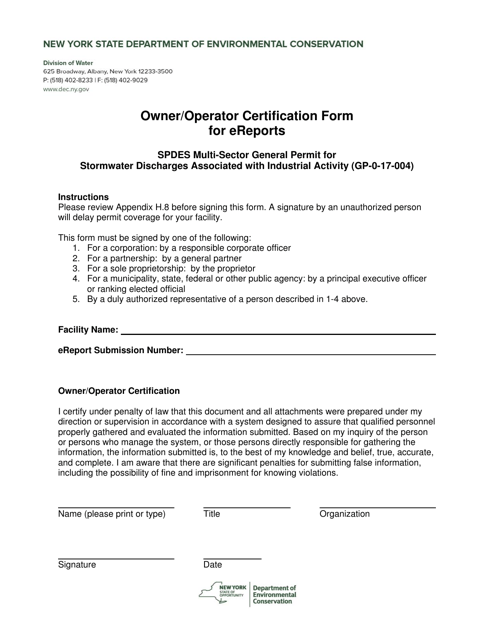 Owner/Operator Certification Form for Ereports - Spdes Multi-Sector General Permit for Stormwater Discharges Associated With Industrial Activity (Gp-0-17-004) - New York Download Pdf