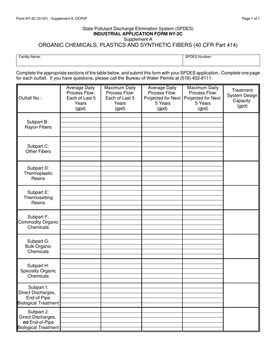 Form NY-2C Supplement A: OCPSF Industrial Application Form for Organic Chemicals, Plastics and Synthetic Fibers Manufacturing Industry - New York, Page 1