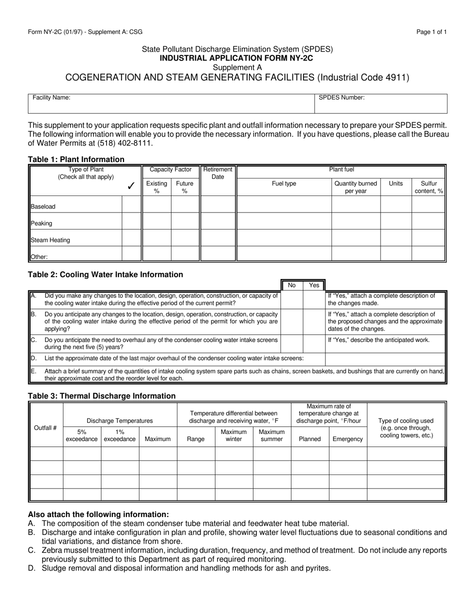 Form NY-2C Supplement A: CSG Industrial Application Form for Cogeneration and Steam Generating Facilities - New York, Page 1