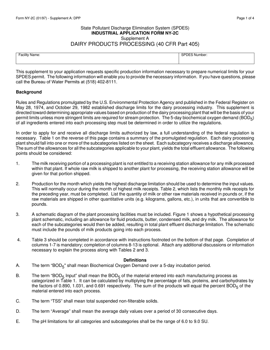 Form NY-2C Supplement A:DPP Industrial Application Form for Dairy Products Processing Industry - New York, Page 1