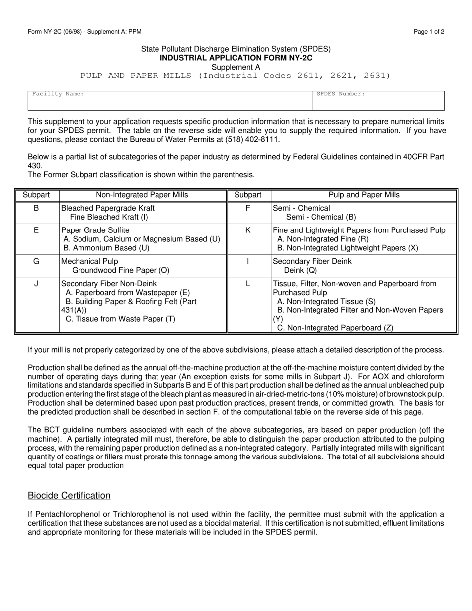 Form NY-2C Supplement A:PPM Industrial Application Form for Pulp and Paper Industry - New York, Page 1