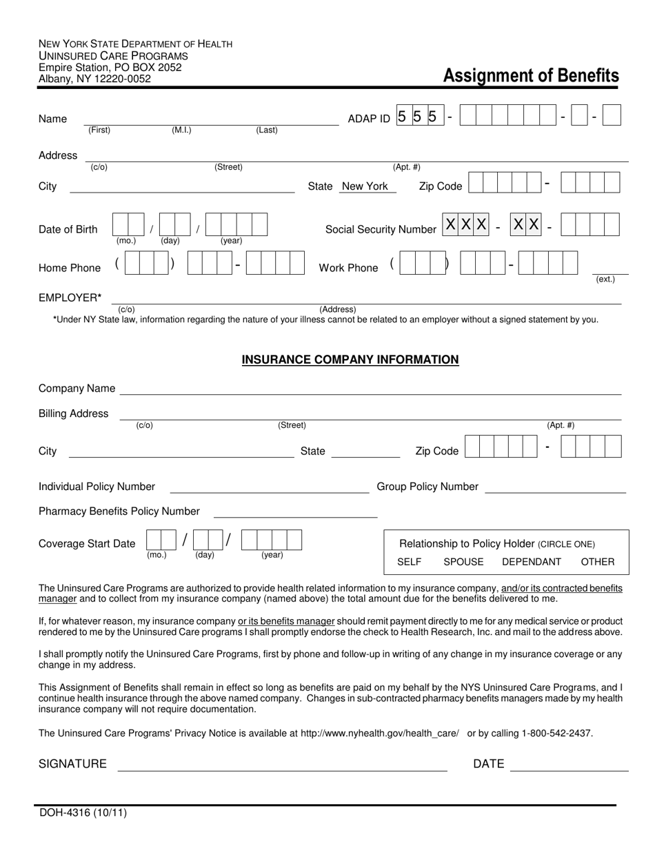 Form DOH-4316 Assignment of Benefits - New York, Page 1