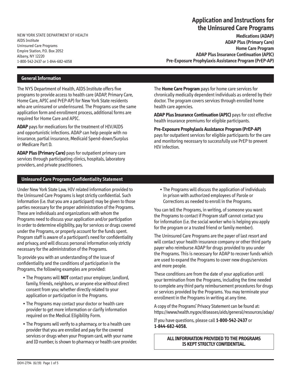 Form DOH-2794 Application for the Uninsured Care Programs - New York, Page 1