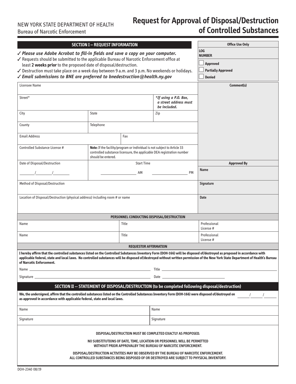 Form DOH-2340 Request for Approval of Disposal / Destruction of Controlled Substances - New York, Page 1