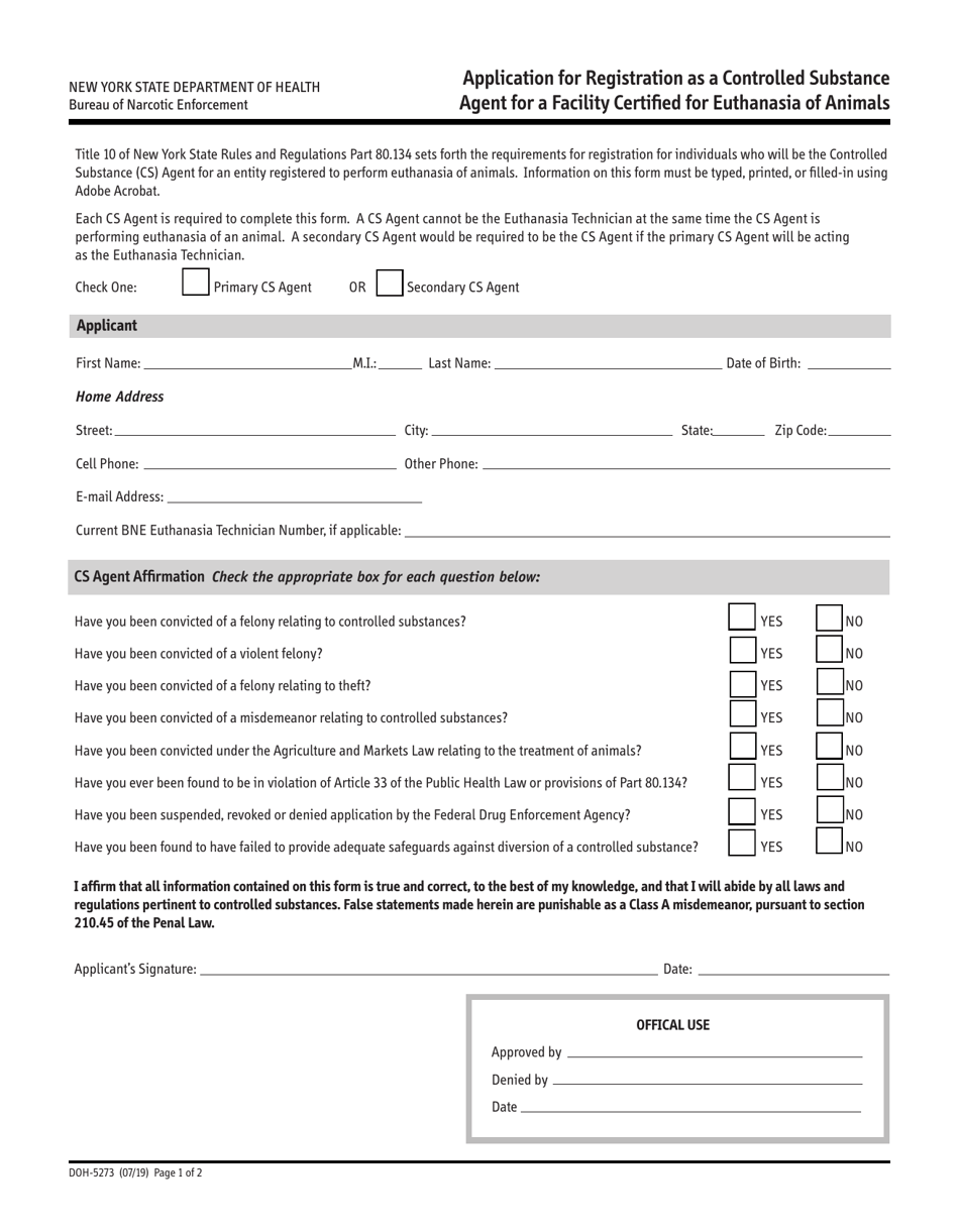 Form DOH-5273 Application for Registration as a Controlled Substance Agent for a Facility Certified for Euthanasia of Animals - New York, Page 1