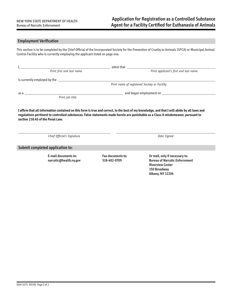 Form DOH-5273 Application for Registration as a Controlled Substance Agent for a Facility Certified for Euthanasia of Animals - New York, Page 2