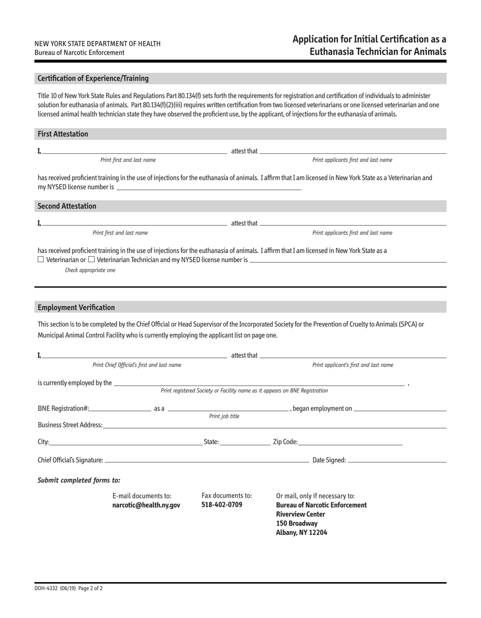 Form DOH-4332 Application for Initial Certification as a Euthanasia Technician for Animals - New York, Page 2