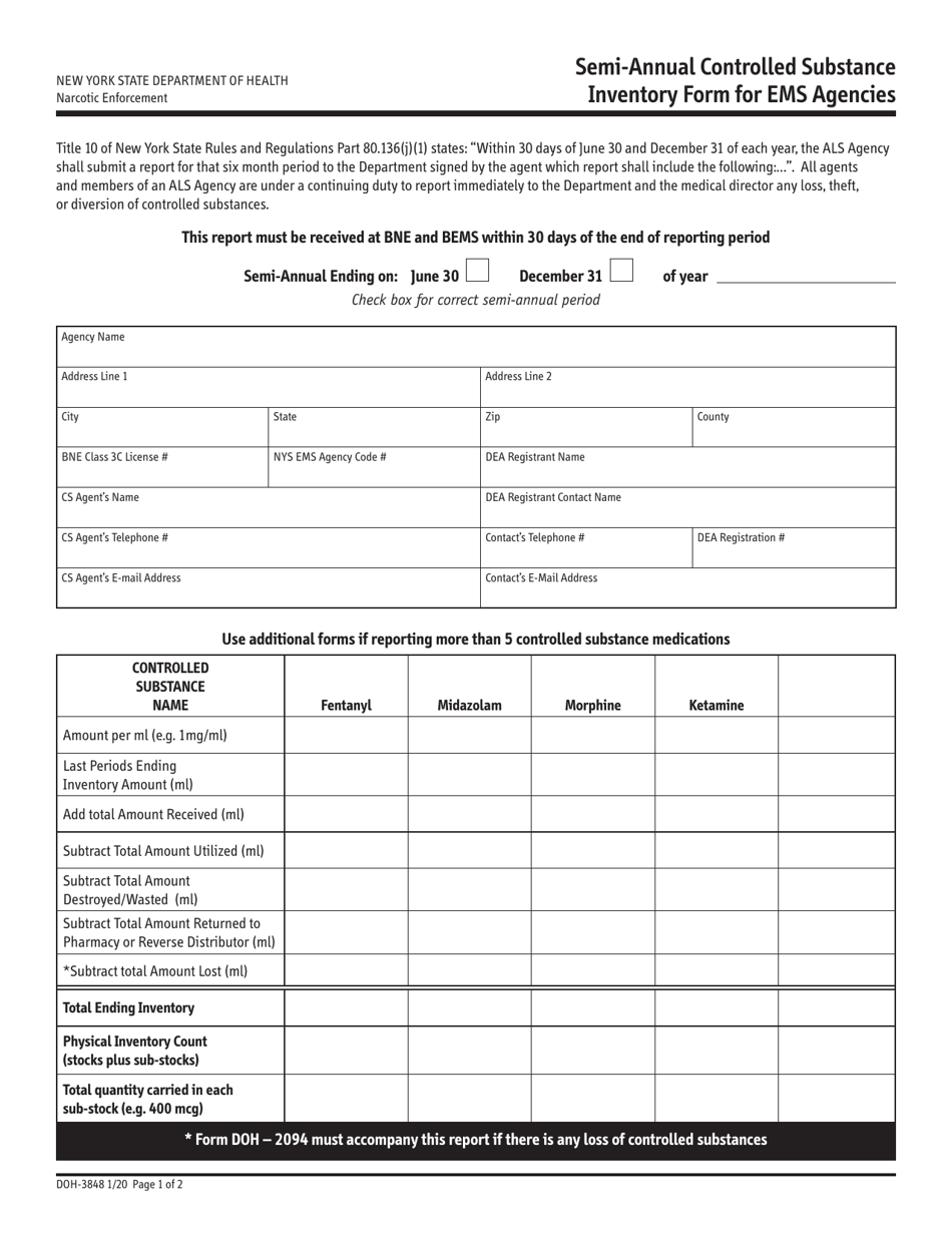 Form DOH-3848 Semi-annual Controlled Substance Inventory Form for EMS Agencies - New York, Page 1