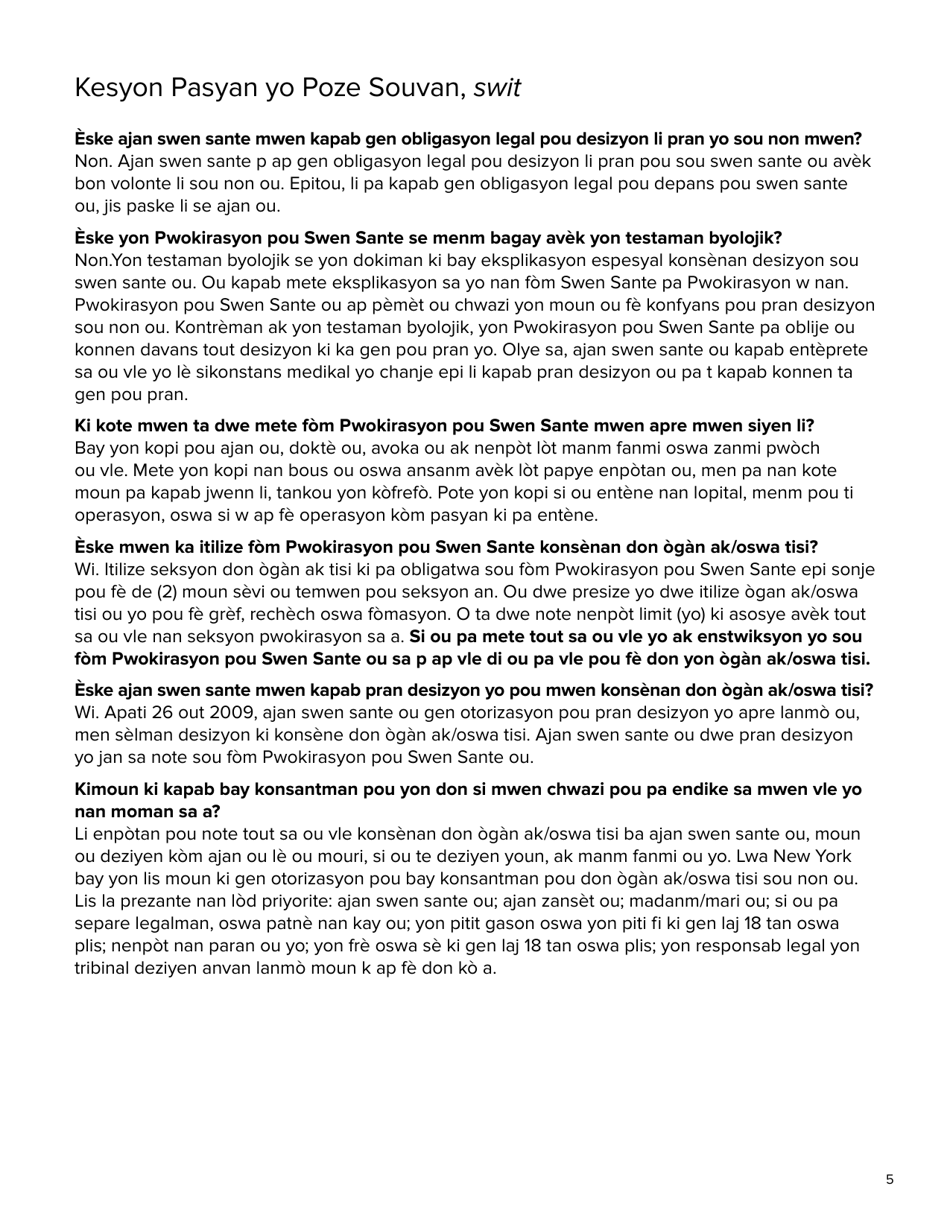 Form 1408 Health Care Proxy - New York (Haitian Creole), Page 5