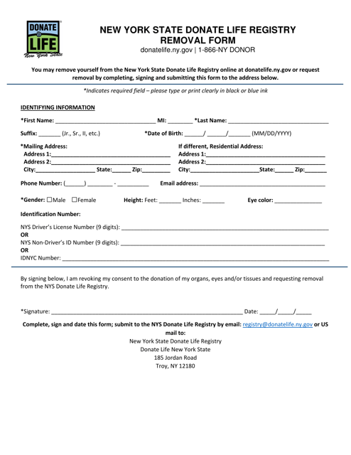 Removal Form - New York State Donate Life Registry - New York Download Pdf