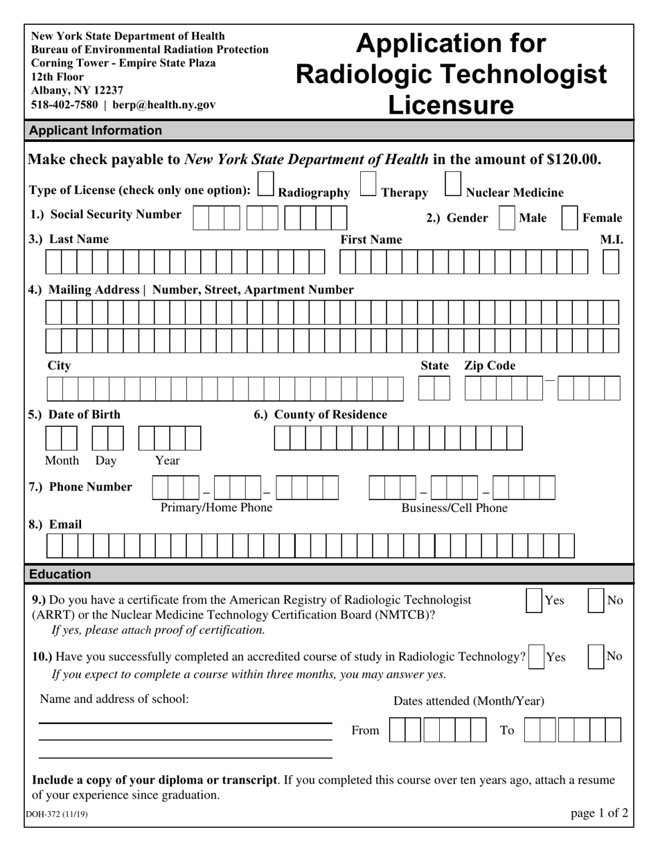 Form DOH-372 Application for Radiologic Technologist Licensure - New York, Page 2