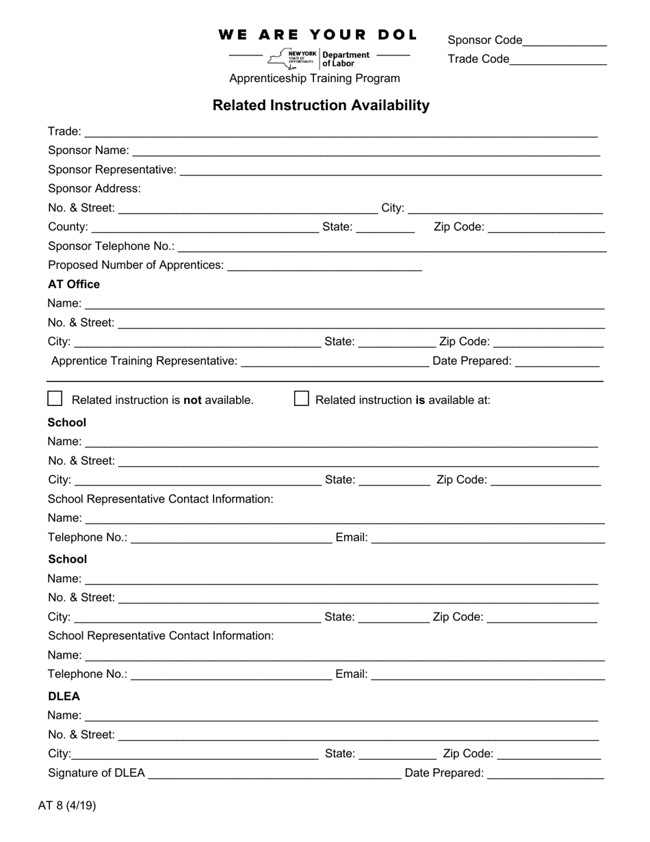 Form AT8 Related Instruction Availability - New York, Page 1