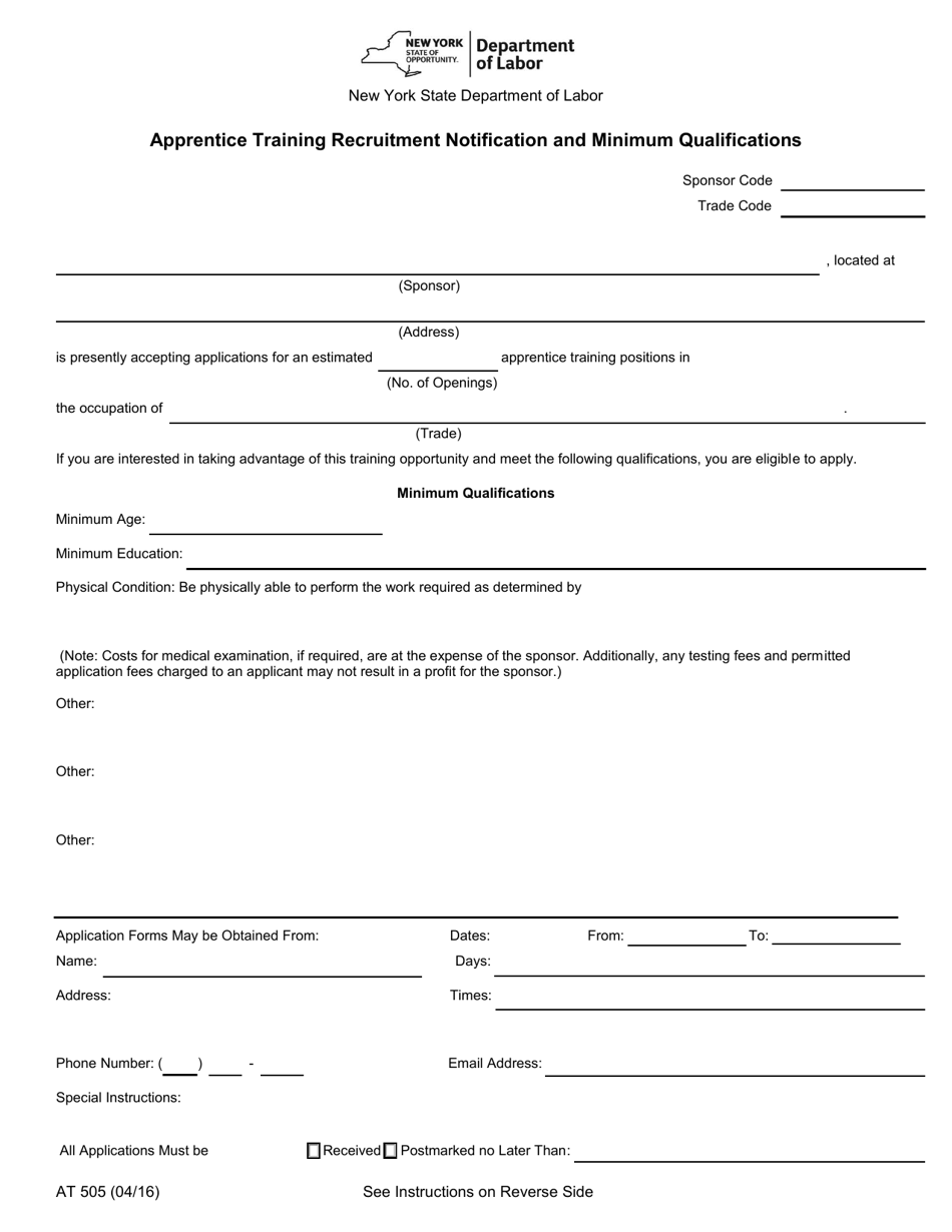 Form AT505 Apprentice Training Recruitment Notification and Minimum Qualifications - New York, Page 1