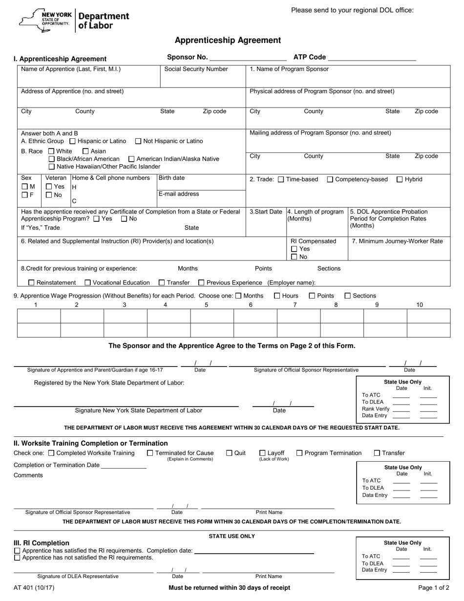 Form AT401 Apprenticeship Agreement - New York, Page 1