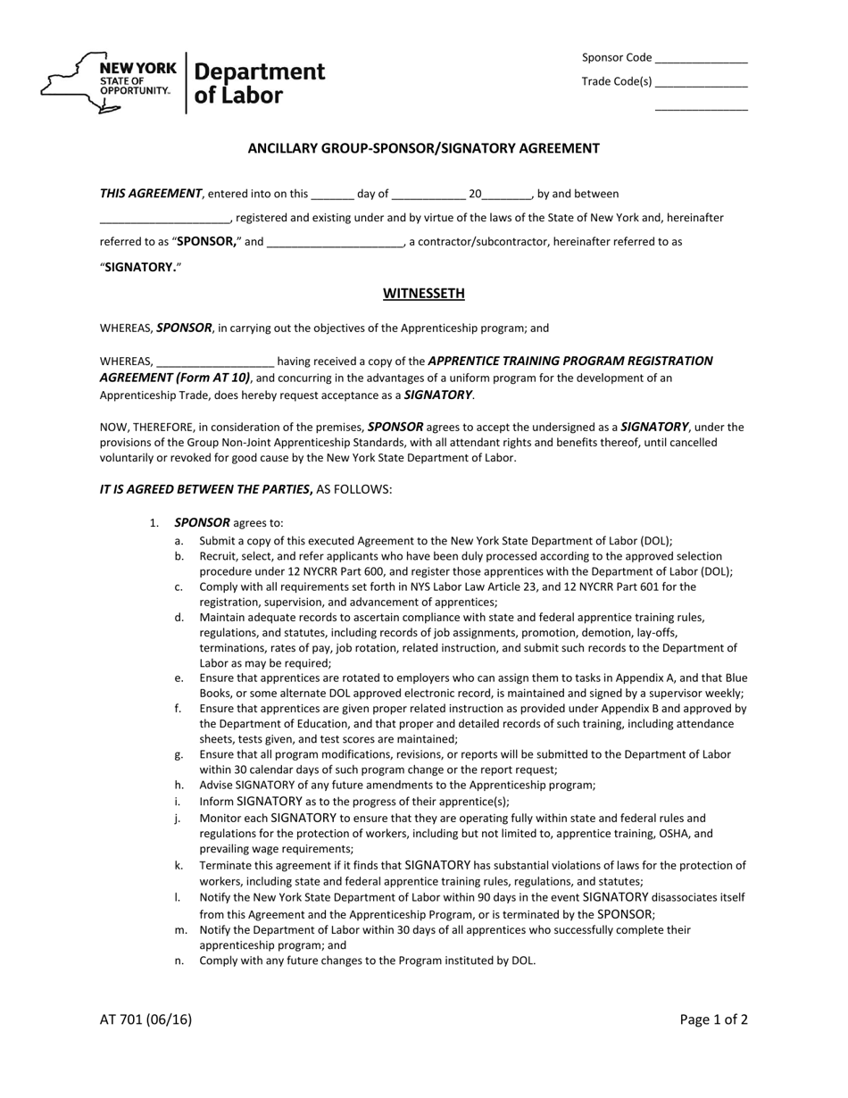 Form AT701 Ancillary Group-Sponsor / Signatory Agreement - New York, Page 1