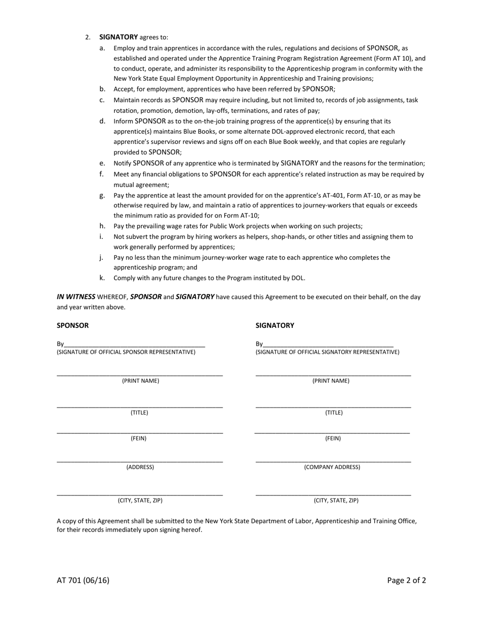 Form AT701 Ancillary Group-Sponsor / Signatory Agreement - New York, Page 2