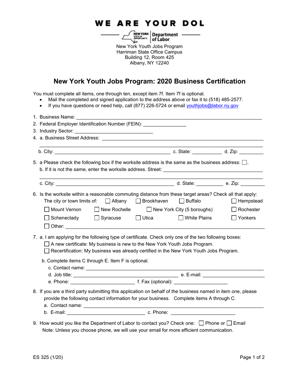 Form ES325 New York Youth Jobs Program: Business Certification - New York, Page 1