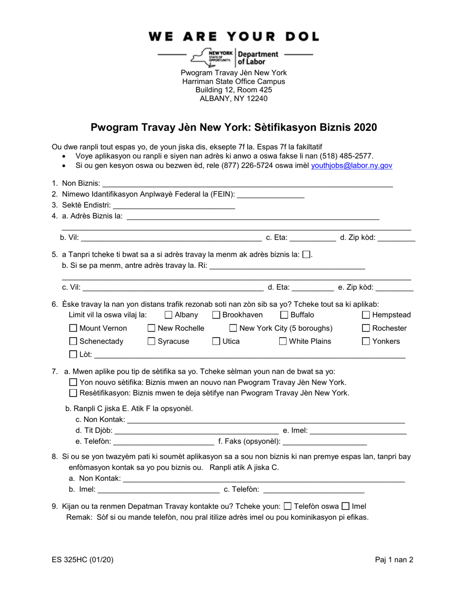 Form ES325HC New York Youth Jobs Program: Business Certification - New York (Haitian Creole), Page 1