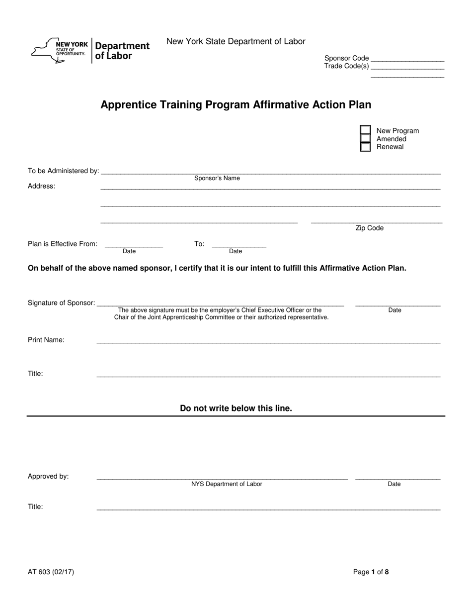 Form AT603 Apprentice Training Program Affirmative Action Plan - New York, Page 1