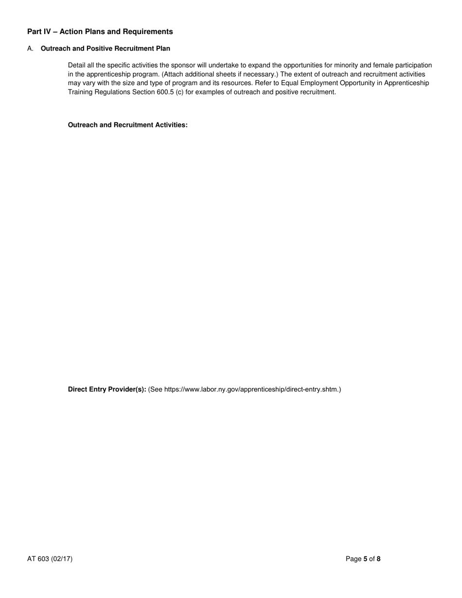 Form AT603 Apprentice Training Program Affirmative Action Plan - New York, Page 5