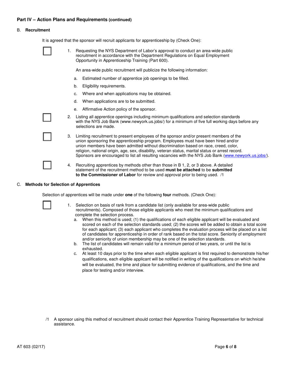 Form AT603 Apprentice Training Program Affirmative Action Plan - New York, Page 6