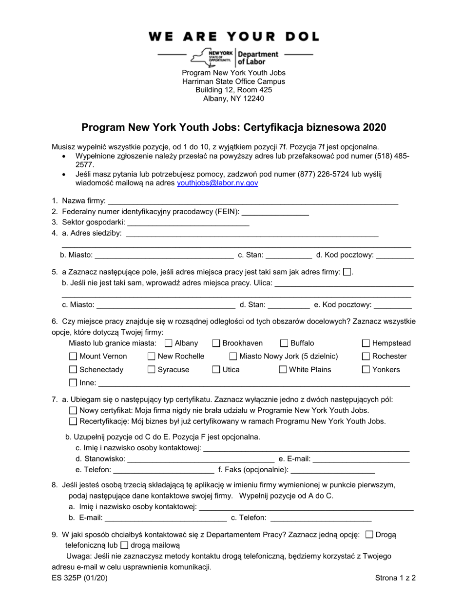 Form ES325P New York Youth Jobs Program: Business Certification - New York (Polish), Page 1