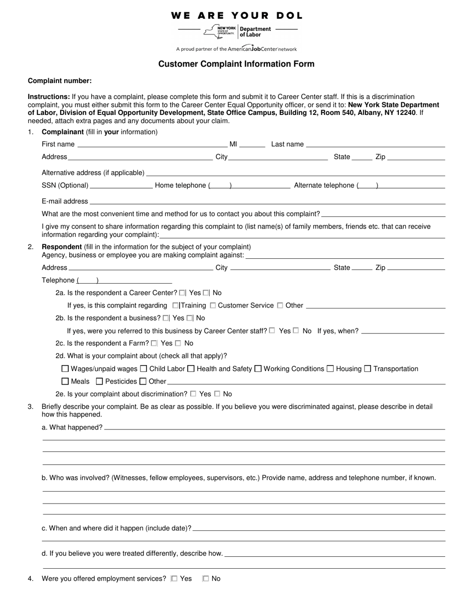 Form ES834 Customer Complaint Information Form - New York, Page 1