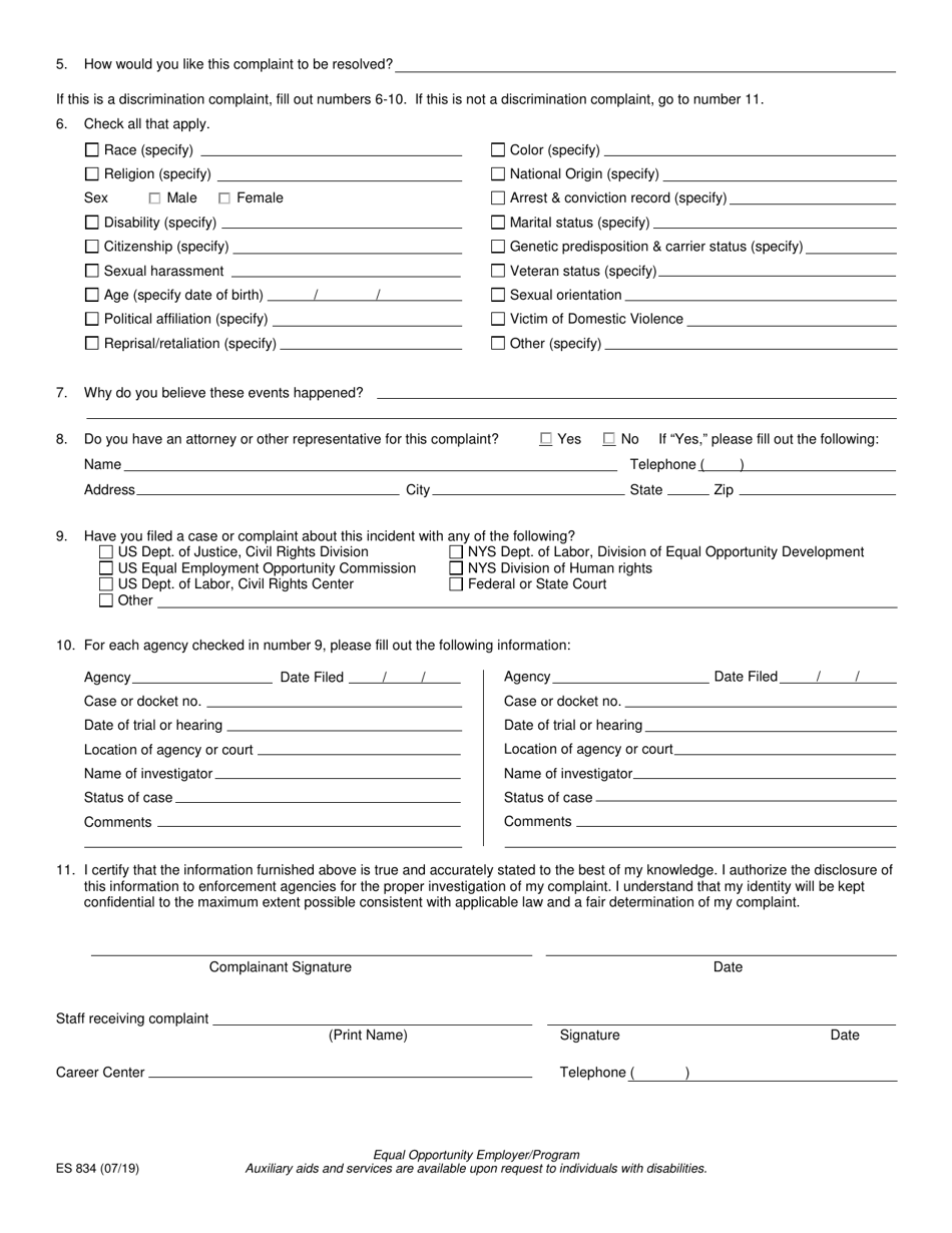 Form ES834 - Fill Out, Sign Online and Download Fillable PDF, New York ...