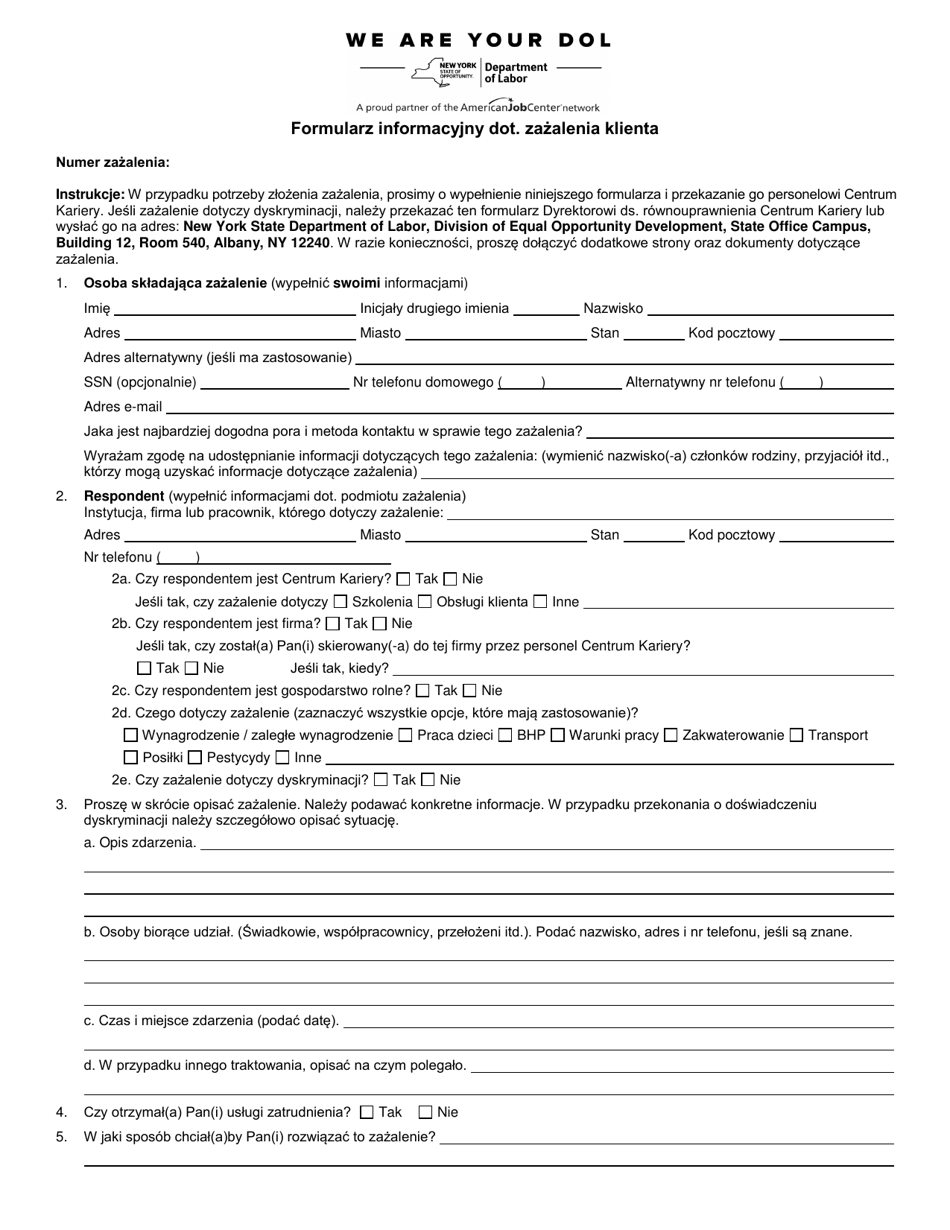 Form ES834P Customer Complaint Information Form - New York (Polish), Page 1