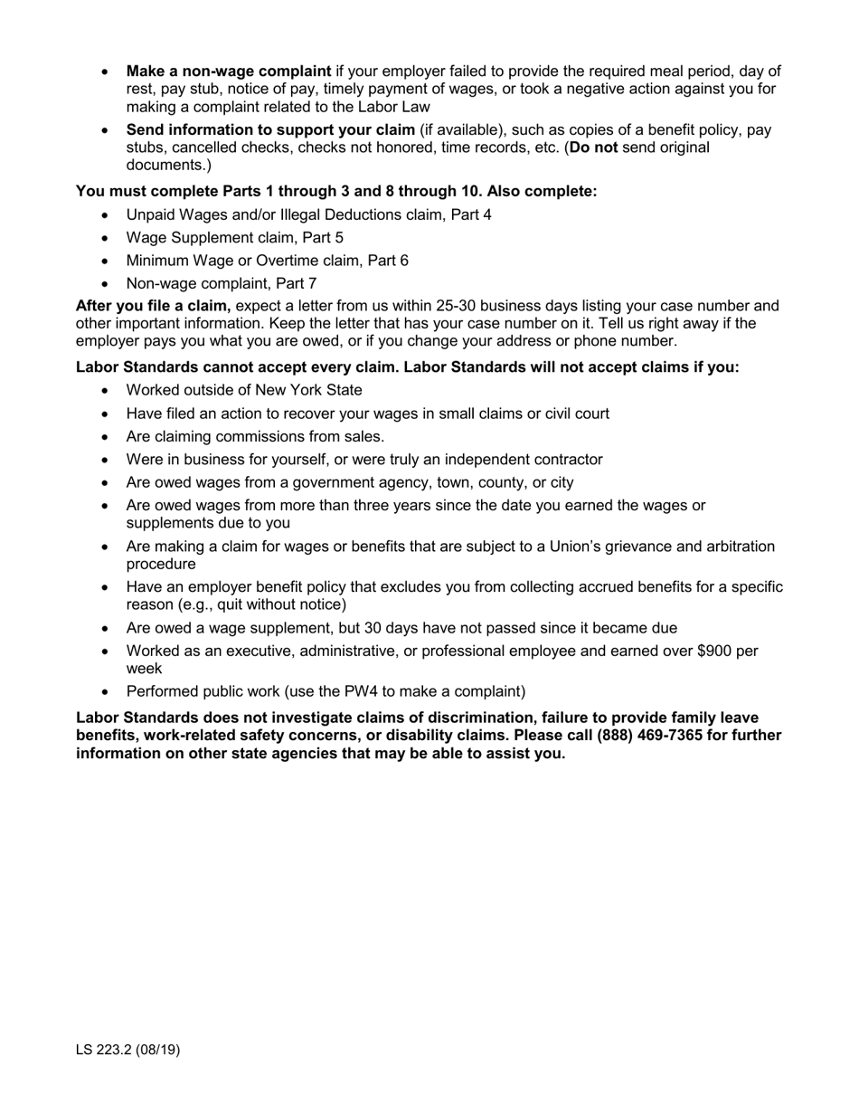 Form LS223 Labor Standards Complaint Form - New York, Page 2