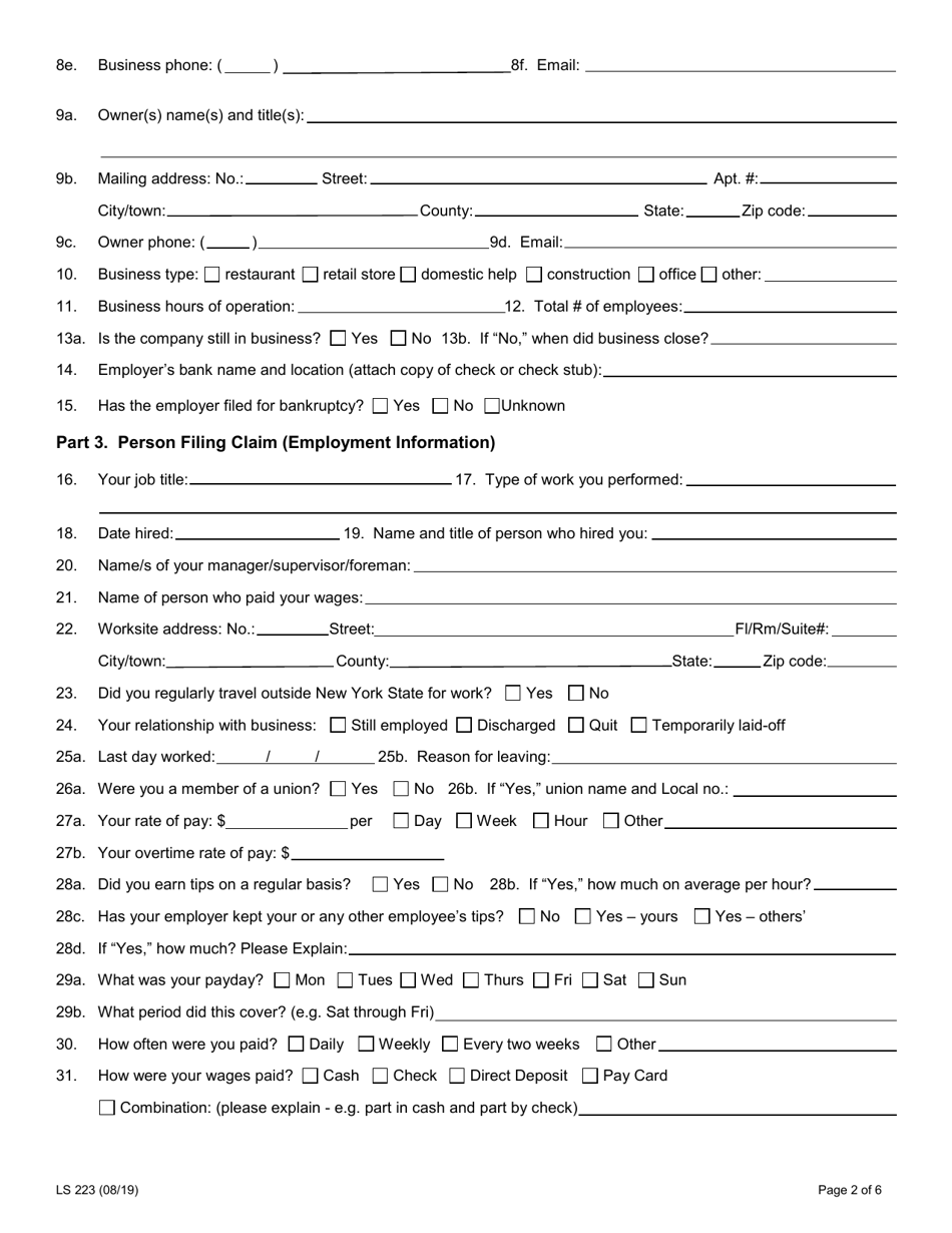 Form LS223 Labor Standards Complaint Form - New York, Page 4