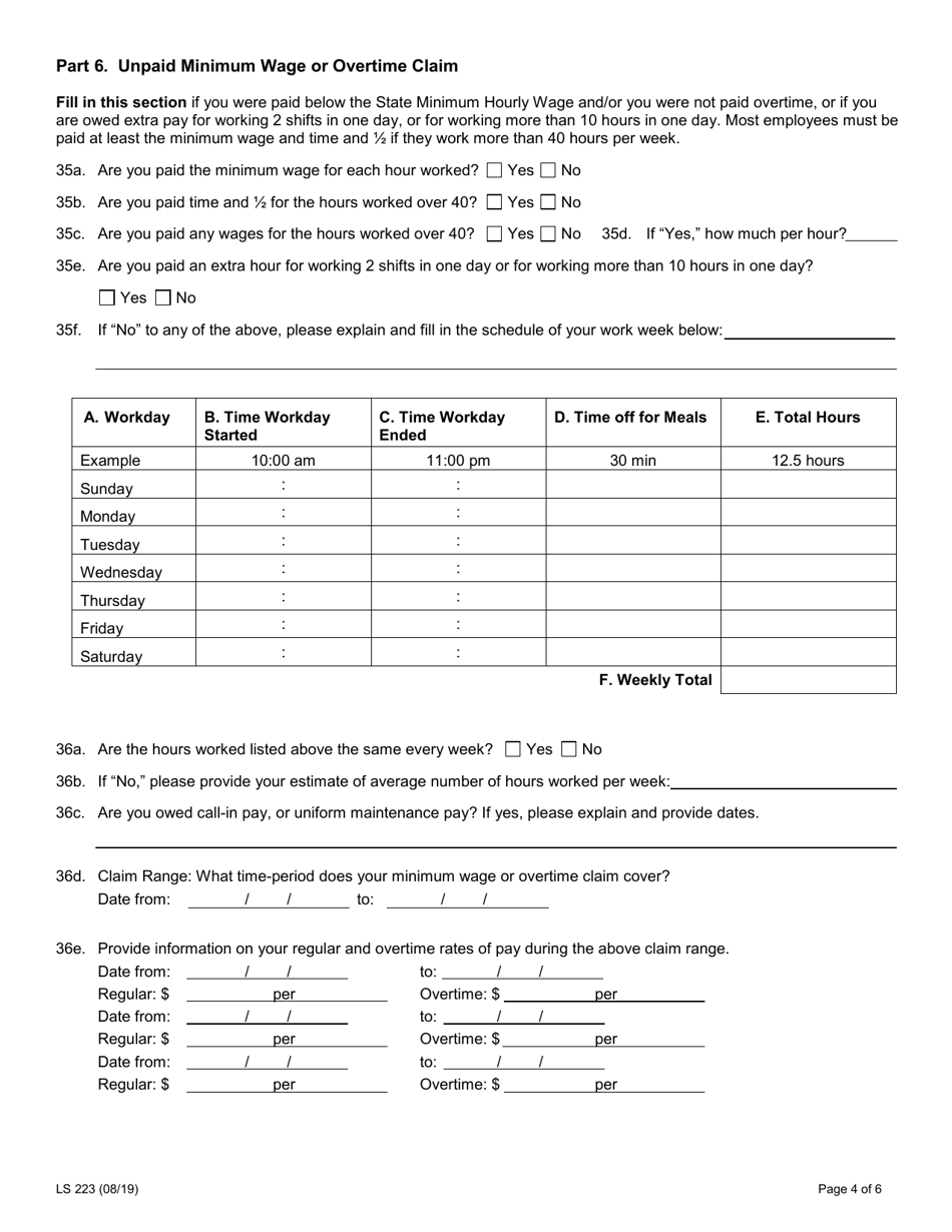 Form LS223 Labor Standards Complaint Form - New York, Page 6