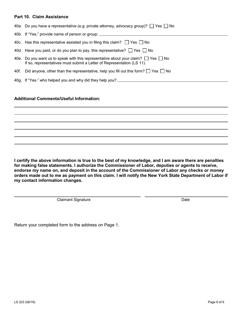 Form LS223 Labor Standards Complaint Form - New York, Page 8