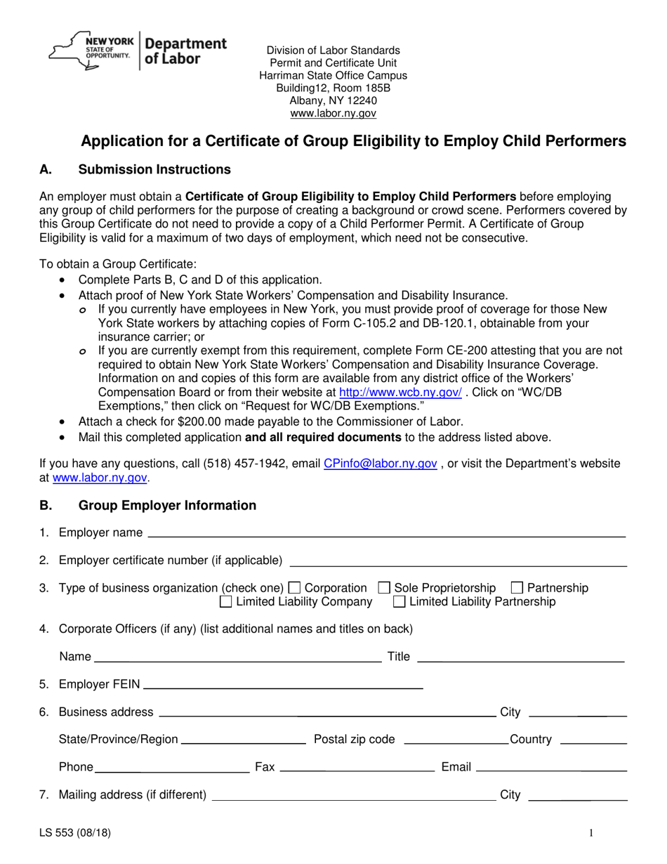 Form LS553 Application for a Certificate of Group Eligibility to Employ Child Performers - New York, Page 1