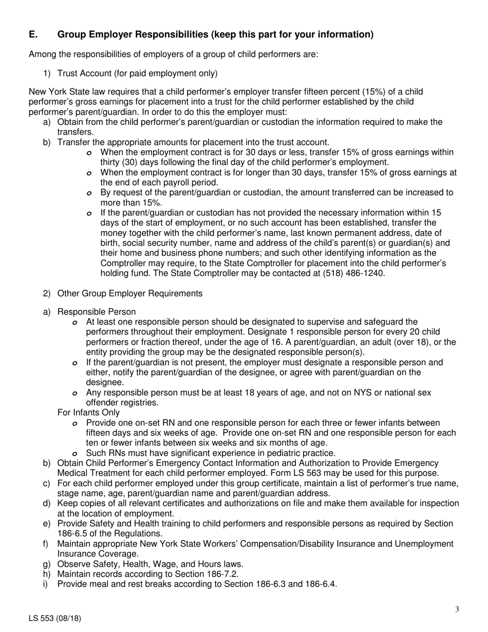 Form LS553 Application for a Certificate of Group Eligibility to Employ Child Performers - New York, Page 3
