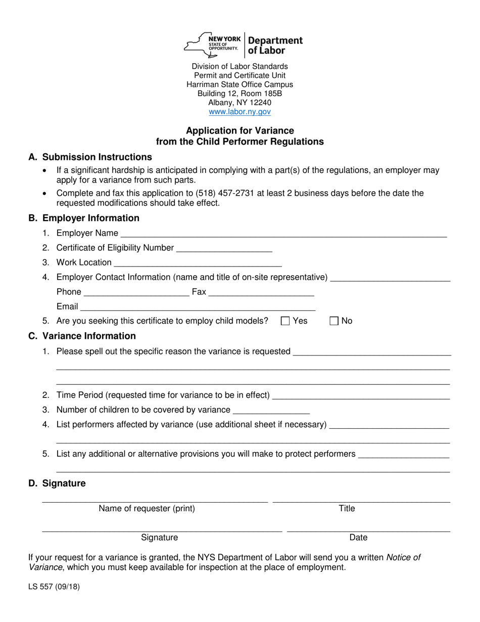 Form LS557 Application for Variance From the Child Performer Regulations - New York, Page 1