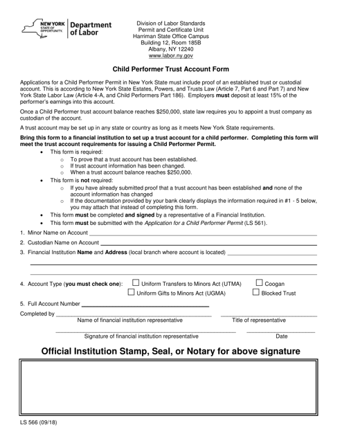 Form LS566 Child Performer Trust Account Form - New York