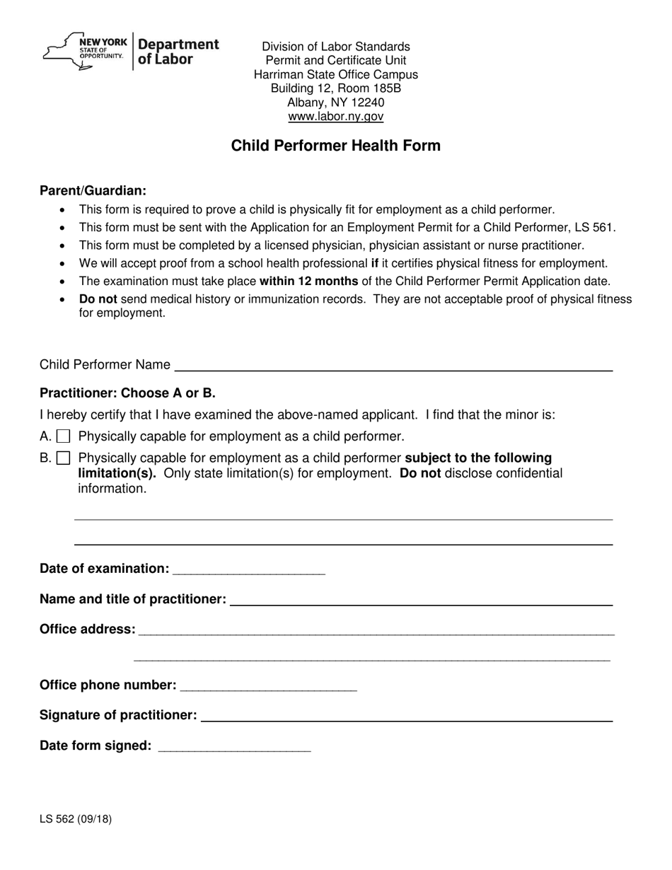 Form LS562 Child Performer Health Form - New York, Page 1