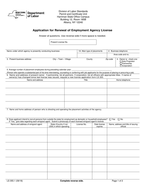 Form LS355.1 Application for Renewal of Employment Agency License - New York