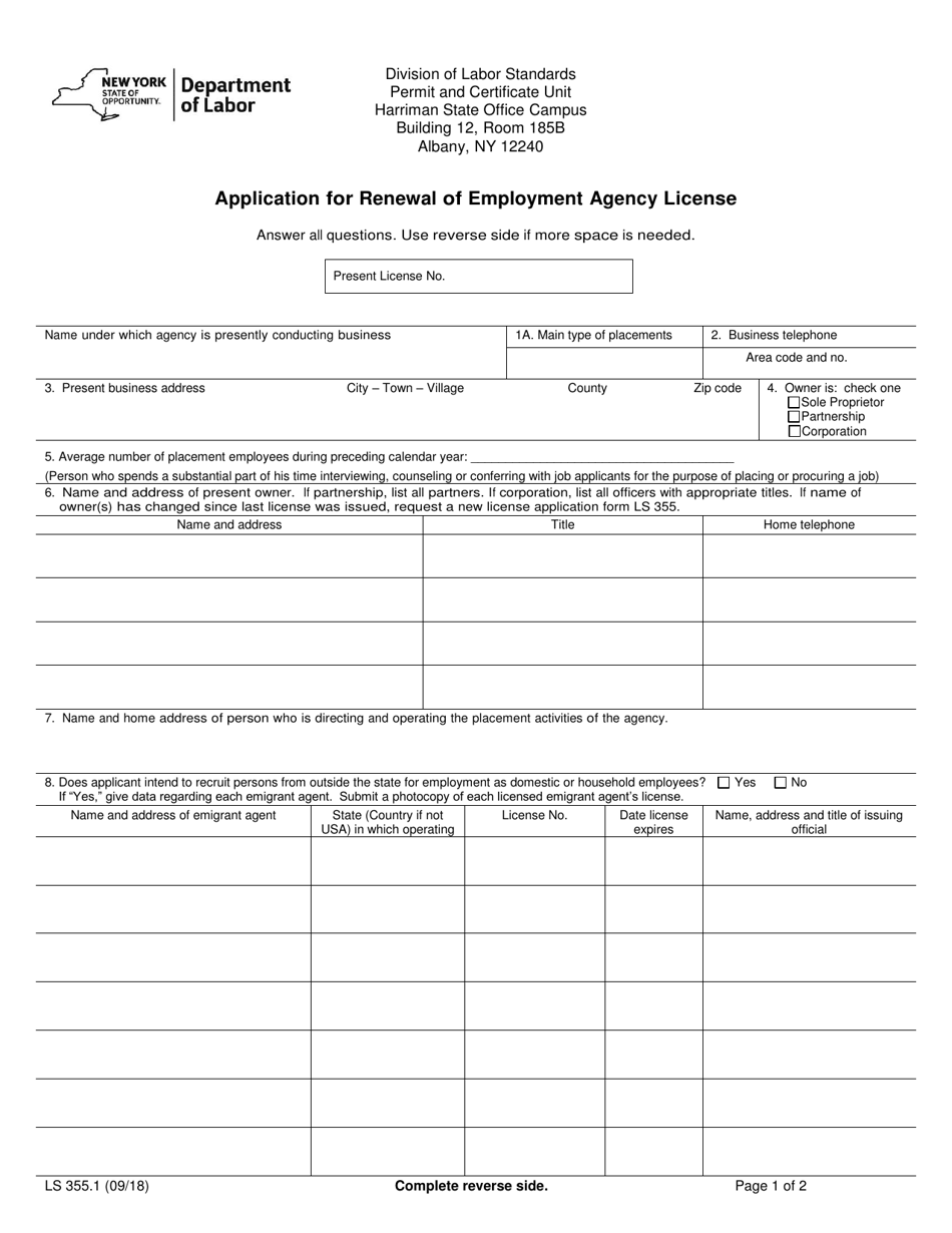 Form LS355.1 Application for Renewal of Employment Agency License - New York, Page 1